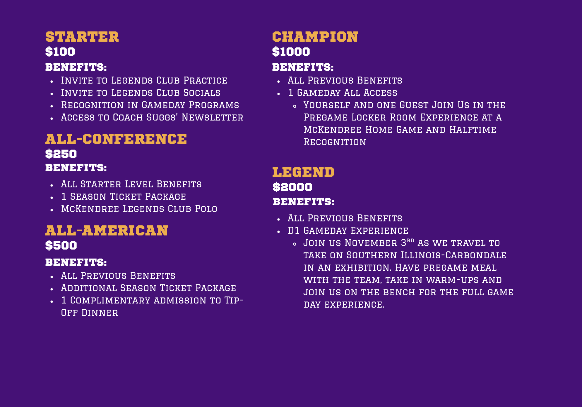 Legends Club benefit levels