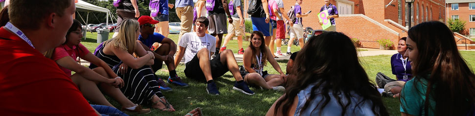 Students Talking on Lawn at New Student Orientation